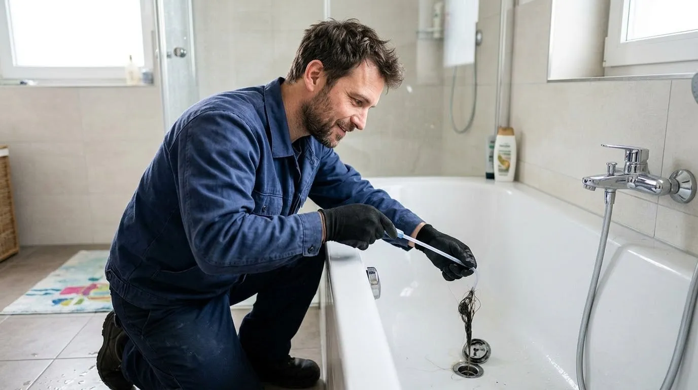 Techniker zieht mit einem Abflusshaken Haare aus dem Abfluss einer Badewanne