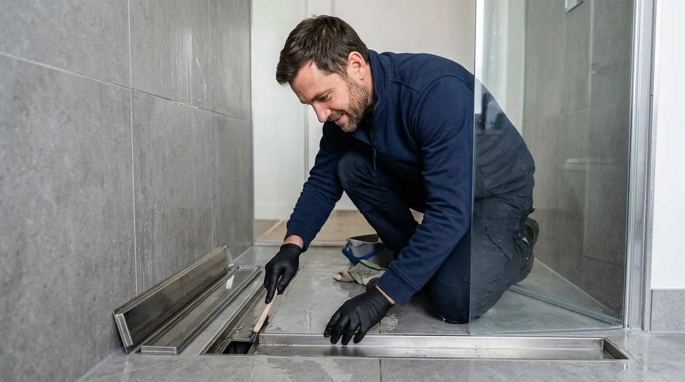 Techniker reinigt die Duschrinne einer bodengleichen Dusche mit einer schmalen Bürste