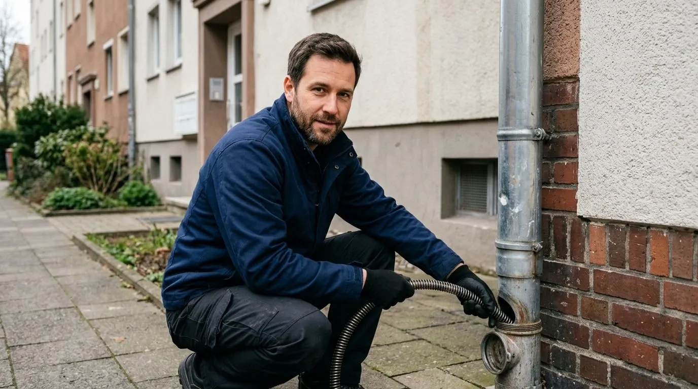 Techniker öffnet die Reinigungsöffnung eines Fallrohrs an einer Hausfassade und führt eine Spirale ein