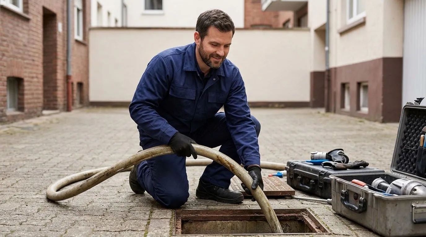 Techniker bereitet an einem Revisionsschacht einen Inliner-Schlauch für die grabenlose Kanalsanierung vor