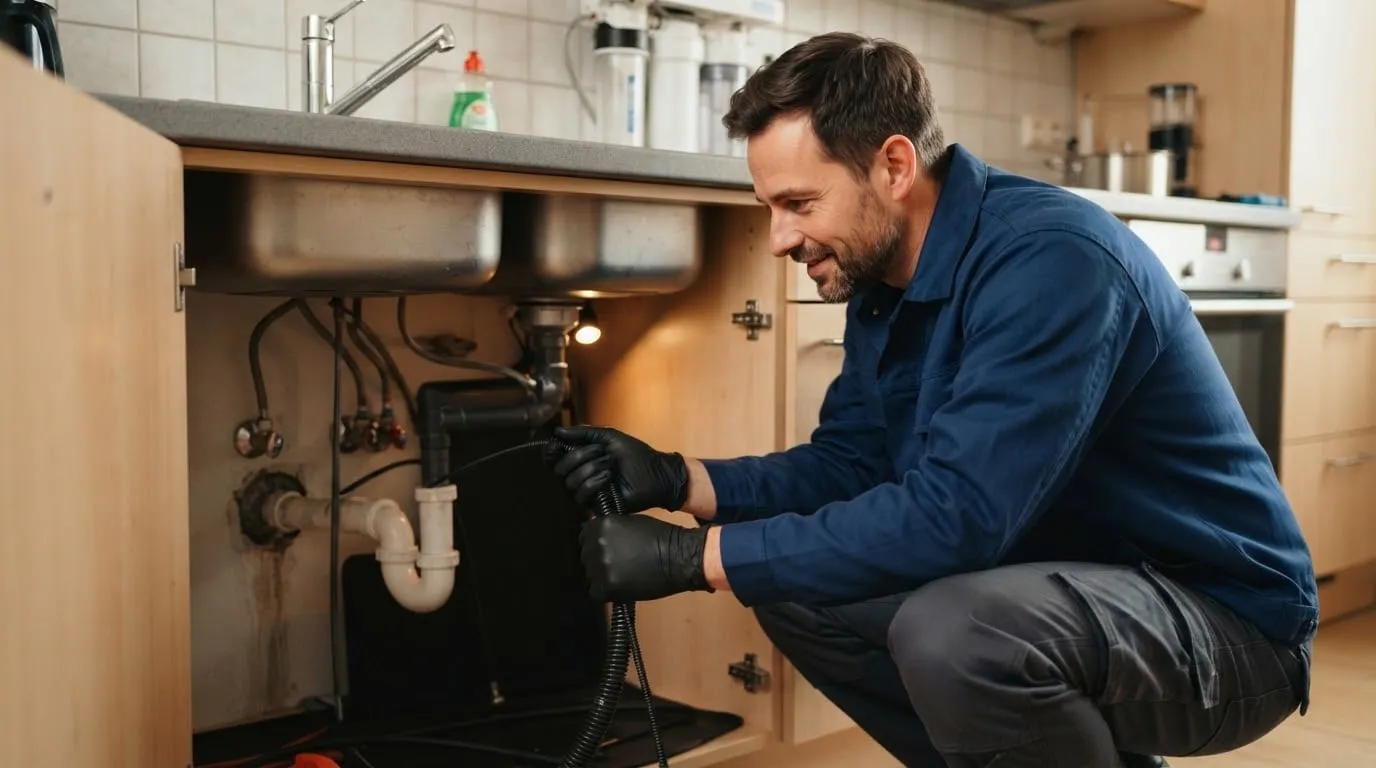 Techniker reinigt im Unterschrank einer Küchenspüle die Abflussleitung mit einer Handspirale