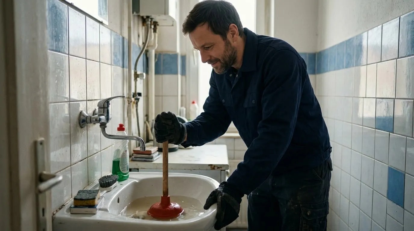 Hand setzt eine Saugglocke auf einen verstopften Waschbeckenabfluss