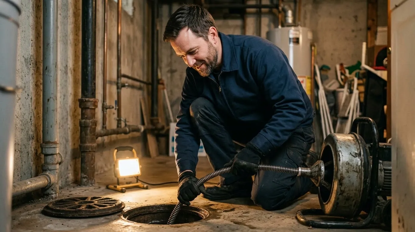 Techniker führt im Keller die Spirale einer elektrischen Rohrreinigungsmaschine in einen Bodenablauf ein