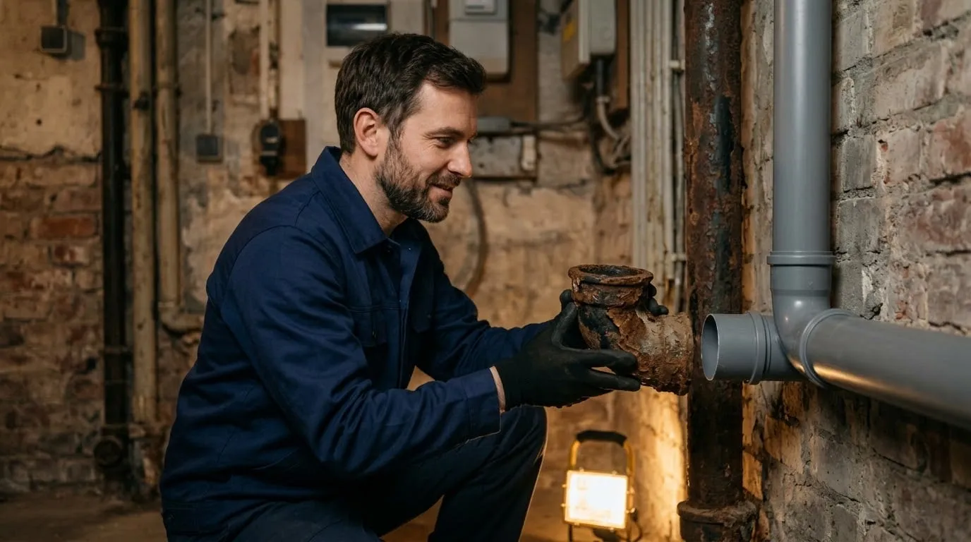 Techniker vergleicht im Keller ein altes rostiges Gussrohr mit einem neuen Kunststoffrohr