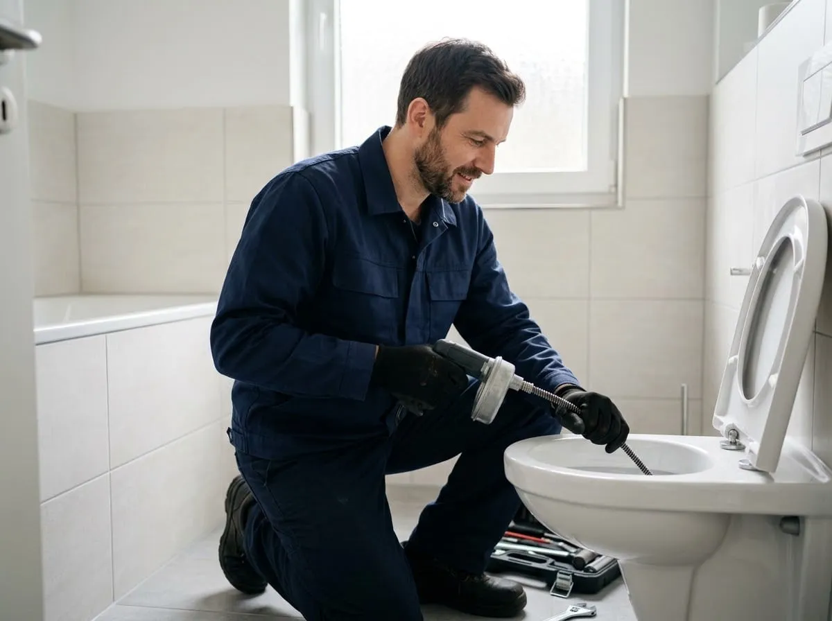 Techniker löst mit einer WC-Spirale die Verstopfung in einer Toilette