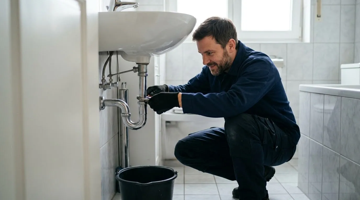 Techniker schraubt unter einem Waschbecken den Siphon ab und fängt das Wasser in einem Eimer auf